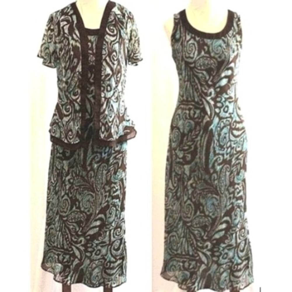 2 piece Dress Jacket Sz 7 TURQUOISE BROWN Workwear Office Elegant Glam Vintage